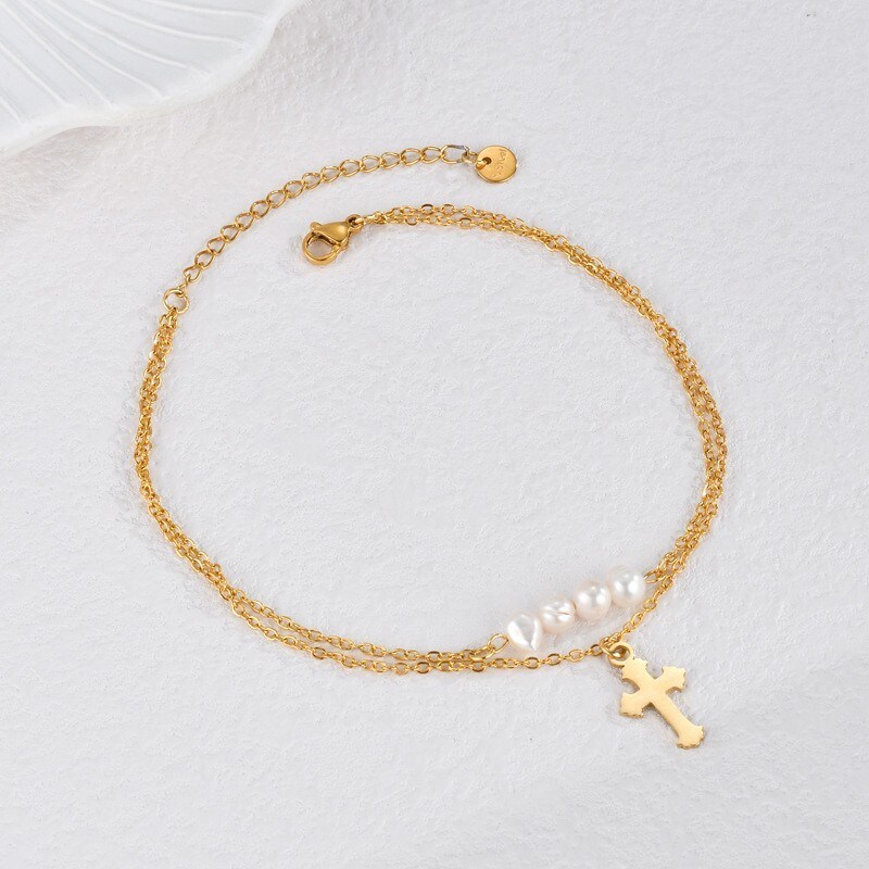 1 Piece Simple Classic Style Cross Shape Stainless Steel 14K Gold Plated Inlay Artificial Pearl Women's Anklet h5 